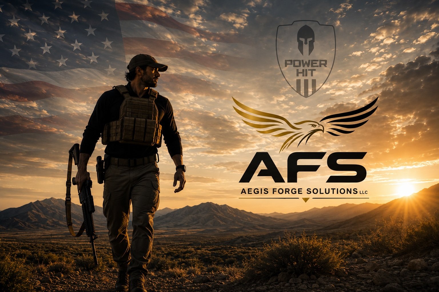 A soldier wearing tactical gear stands in a desert landscape at sunset, with mountains in the background, an American flag in the sky, and a logo featuring a helmeted warrior, a shield, an eagle, and the text 'Aegis Forge Solutions LLC' and 'Power Hit'.