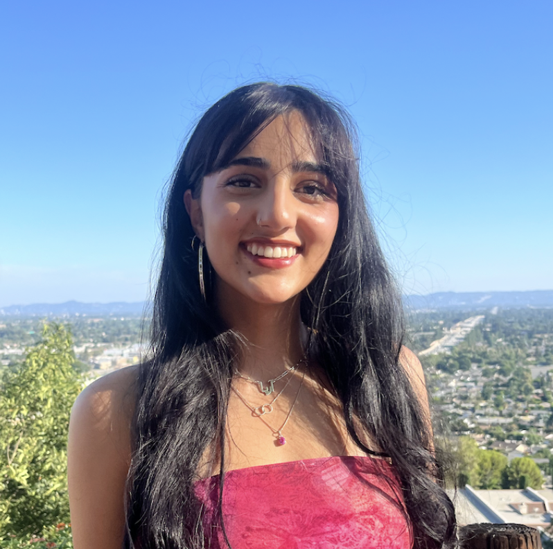 Young woman with long dark hair smiling outdoors on a sunny day, with a city and landscape in the background.