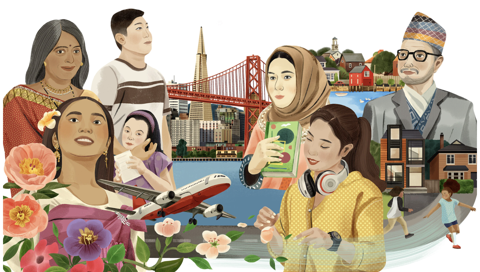 Collage of diverse people of Asian descent enjoying city and nature scenes, including a bridge, skyline, houses, and children playing with flowers, airplane, and water, symbolizing cultural diversity and city life.