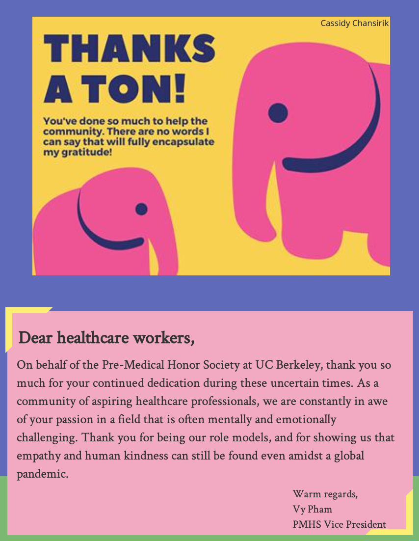 A thank you card featuring a yellow background with pink cartoon elephants and bold blue text that says 'Thanks A Ton!' A pink letter to healthcare workers thanking them for their dedication, signed by Vy Pham, PMHS Vice President.