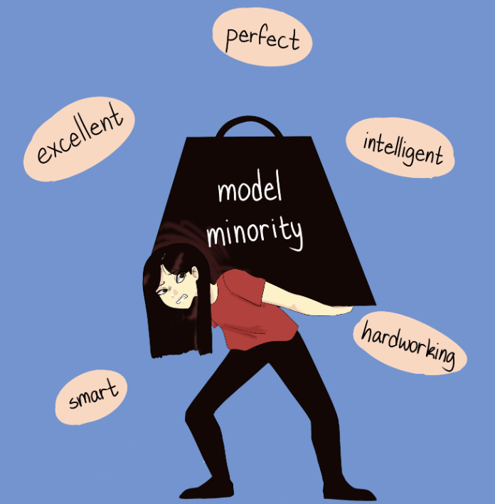 Cartoon of a frustrated woman with a shopping bag labeled "model minority" on her back, surrounded by words like "perfect," "excellent," "intelligent," "smart," and "hardworking."