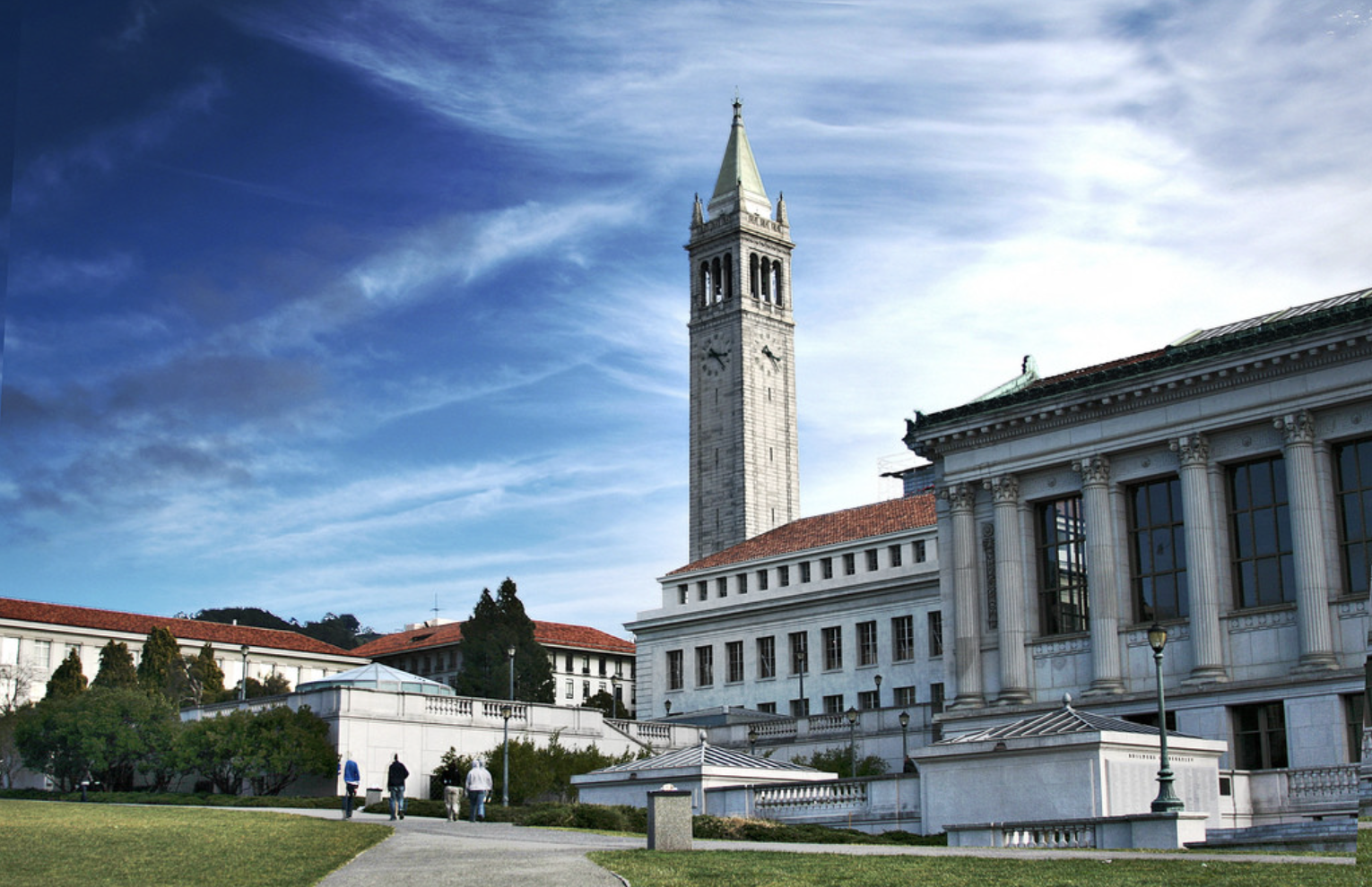 View of the University of California, Berkeley campus with the Sather Tower (Campanile) under a partly cloudy sky.