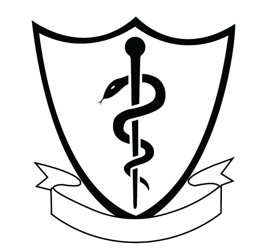 A shield with a caduceus symbol featuring a snake wrapped around a staff, with a small leaf on the staff, and a blank banner below.