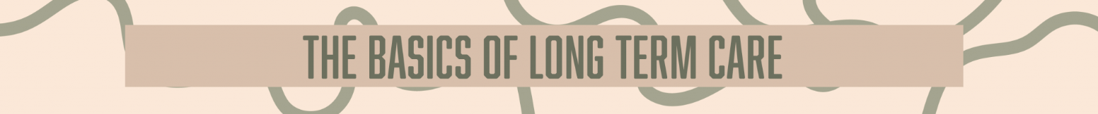 Banner with text 'The Basics of Long Term Care' against a beige background with abstract lines.