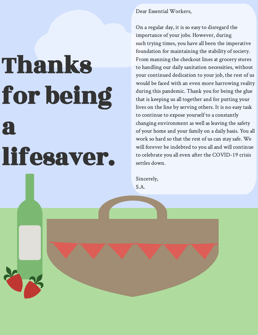A thank you message to essential workers over a light blue background with clouds, featuring a large bold text saying "Thanks for being a lifesaver." A picnic basket, a bottle of wine, and strawberries are illustrated at the bottom of the image.