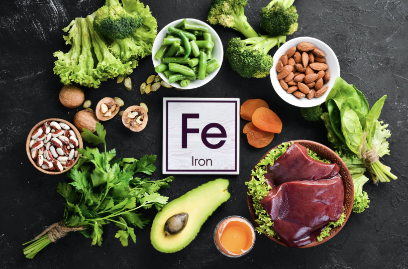 A variety of healthy foods including leafy greens, broccoli, green beans, almonds, mushrooms, dried apricots, lettuce, avocado, an egg, and slices of raw beef, arranged around a sign with the chemical symbol for iron (Fe).