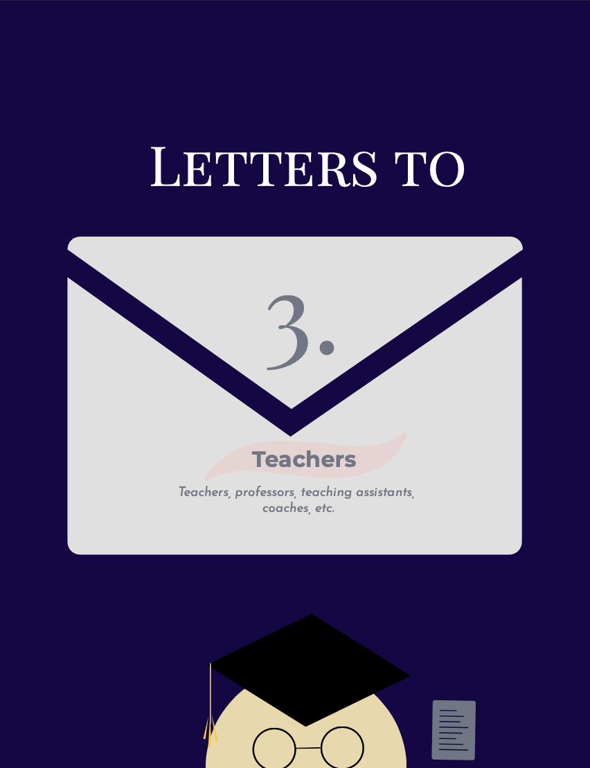 A graphic with the title 'Letters to 3.' featuring an envelope labeled 'Teachers' and an illustration of a person wearing a graduation cap and glasses.