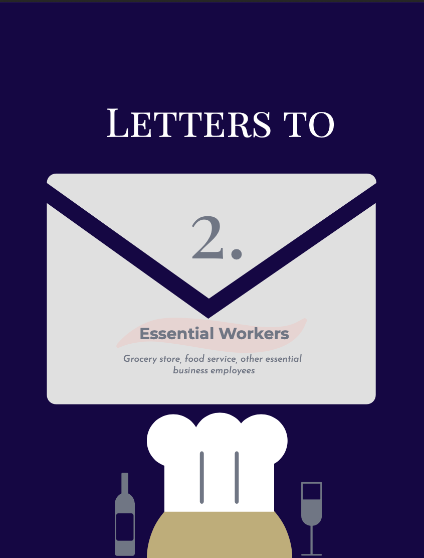 Cover of a letter titled 'Letters to 2' dedicated to essential workers including grocery store workers, food service workers, and other essential business employees. The design features an envelope graphic with the label 'Essential Workers' and icons