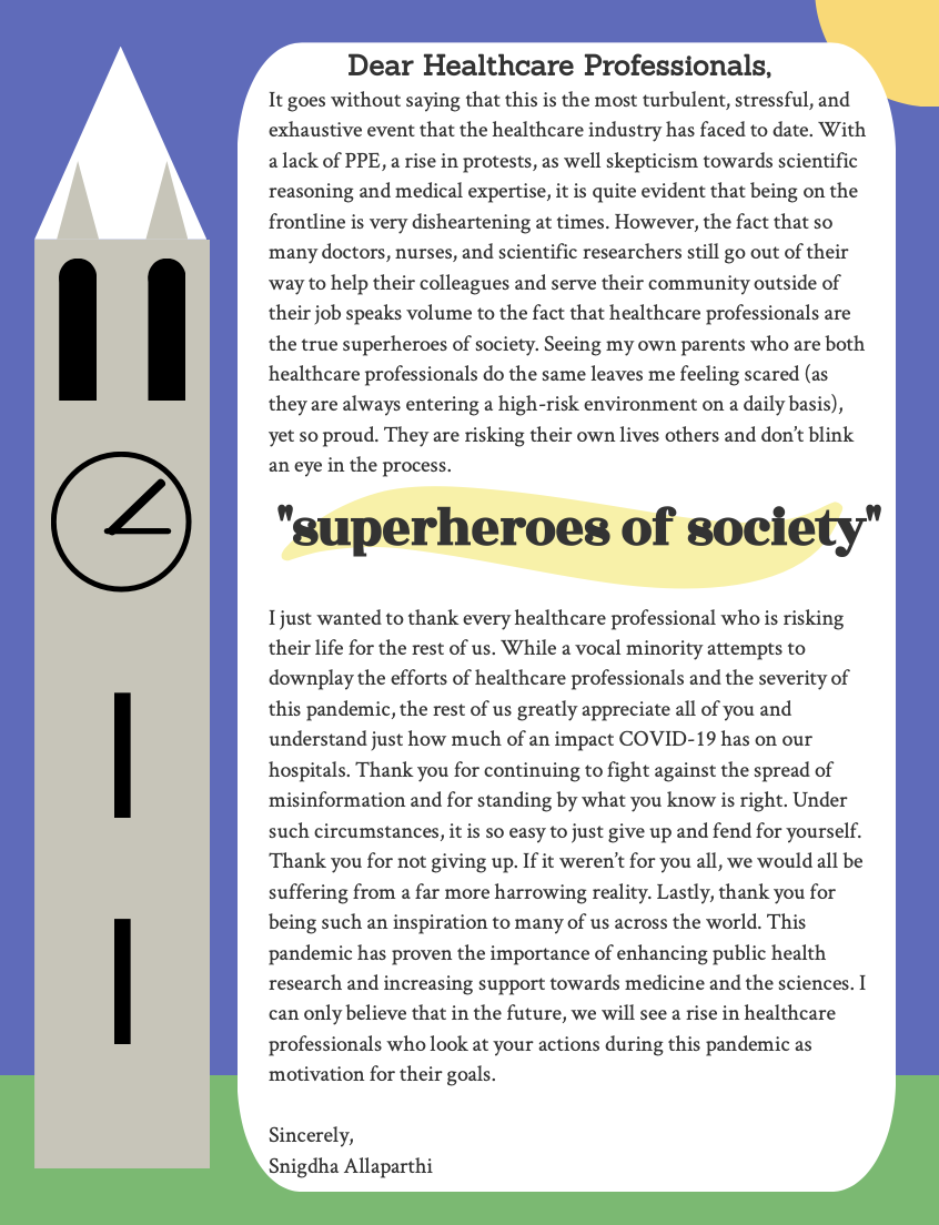 A handwritten letter addressed to healthcare professionals titled "Dear Healthcare Professionals," praising their efforts during the COVID-19 pandemic. The letter features a large illustration of a clock and a building resembling a clock tower on the