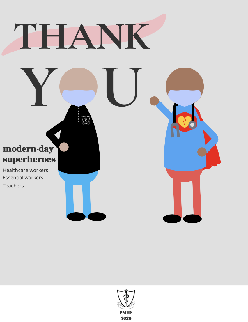 Graphic with two cartoon characters wearing face masks, standing before a pink ribbon. One character is dressed as a healthcare worker with a stethoscope and Heart superhero emblem, the other as a teacher. Large text says 'Thank You' with smaller tex