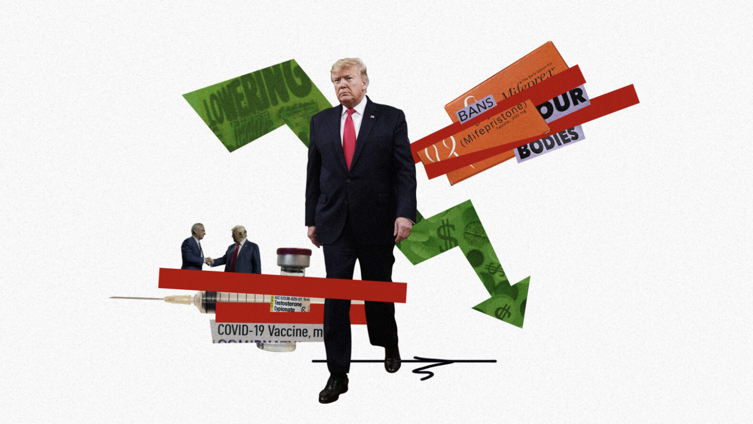 A collage with a photograph of Donald Trump in the center, surrounded by various images including a handshake between two people, a COVID-19 vaccine syringe, and protest signs with phrases like 'LOOPING,' 'BANS,' 'Mifepristone,' and 'BODIES.' There are also green and red upward and downward arrows with dollar signs.