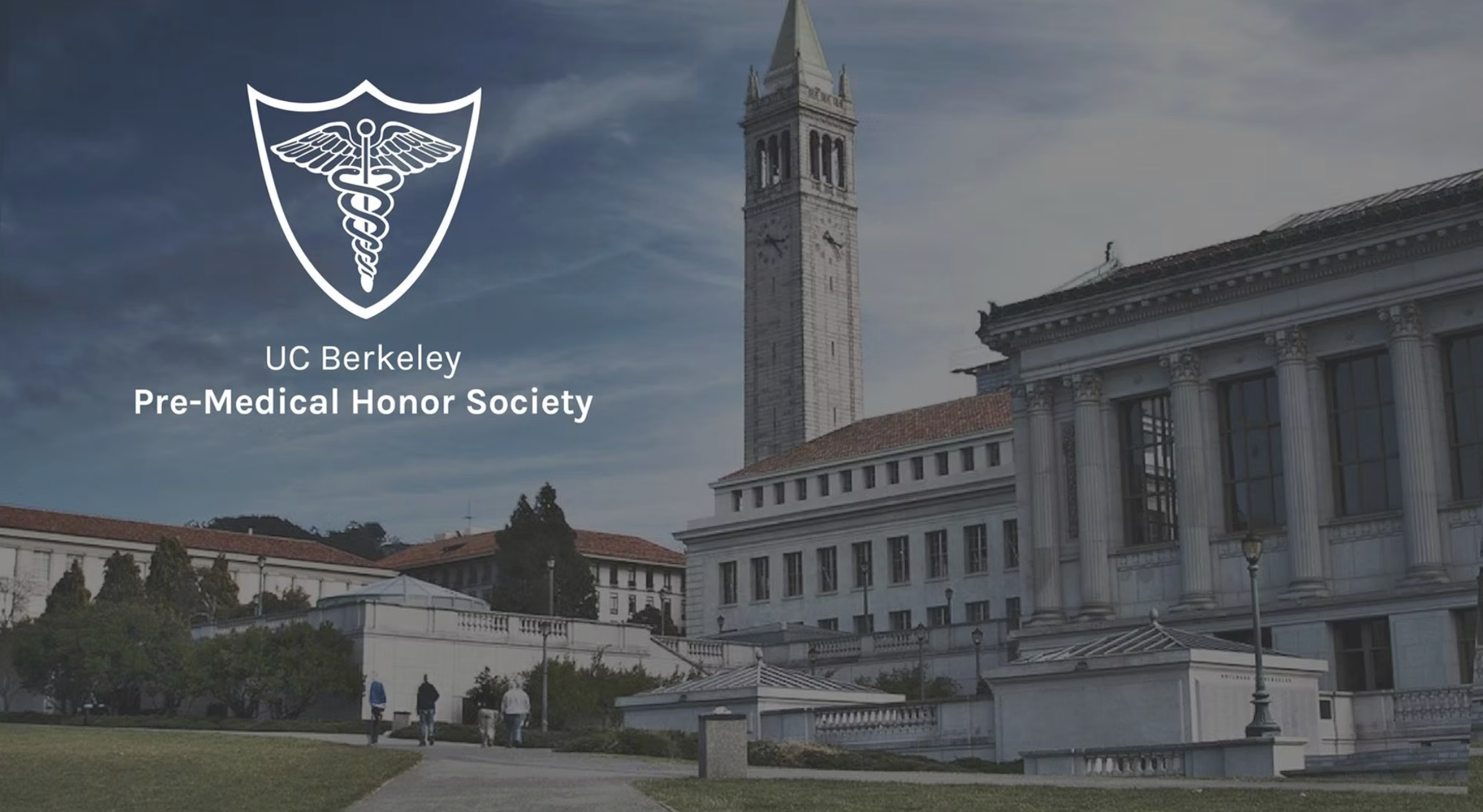 UC Berkeley Pre-Medical Honor Society logo with a shield and caduceus, over a cityscape with a tall clock tower and neoclassical building, on a partly cloudy sky day.