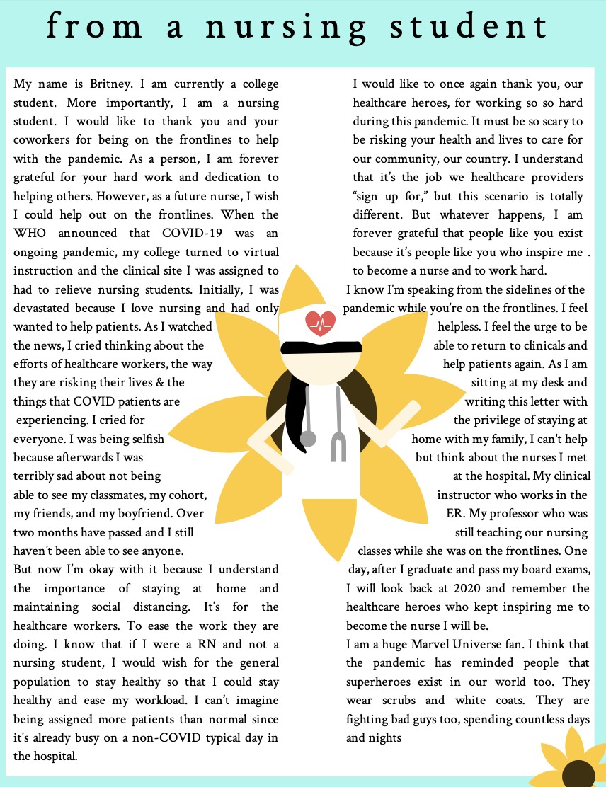 Letter from a nursing student named Britney expressing gratitude for healthcare workers and reflections on her nursing journey, with a nurse icon wearing a mask, stethoscope, and a heart monitor symbol on a sunflower background.