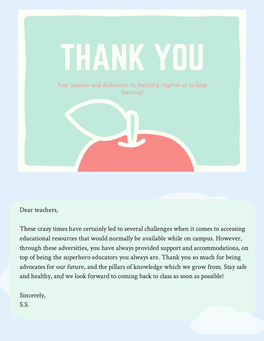 A thank you card with a simple illustration of an apple and a leaf, and a message of appreciation for teachers. The card has a pastel color scheme with a light blue background.