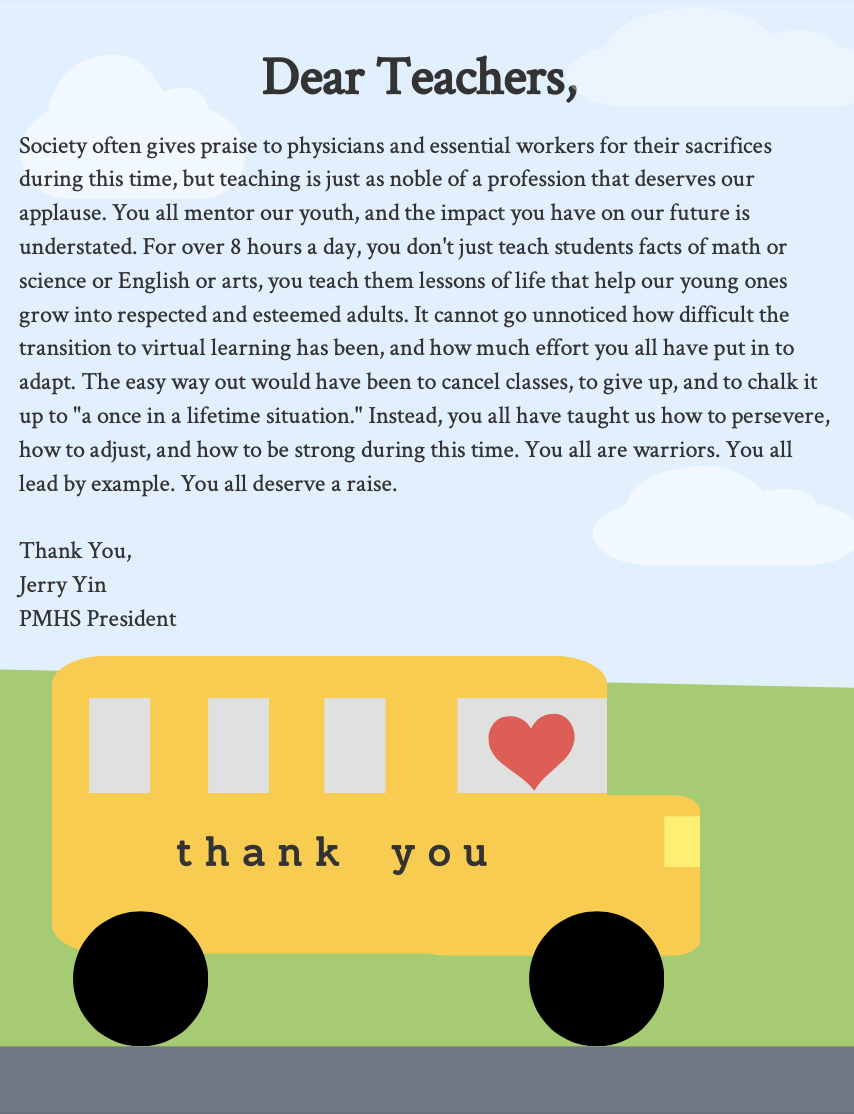 Letter addressed to teachers with a drawing of a yellow school bus with a red heart and the words 'thank you' on it, parked on a grassy area under a blue sky with clouds.
