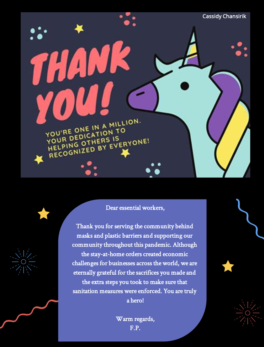 A thank you card featuring a cartoon unicorn with a rainbow horn, set against a dark blue background with stars and confetti. The card contains a large 'Thank You!' message and a message of gratitude to essential workers for their sacrifices during t