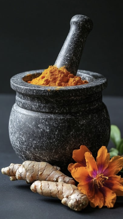 Black mortar and pestle with turmeric powder, ginger root, and a bright orange flower outside the mortar on a dark surface.