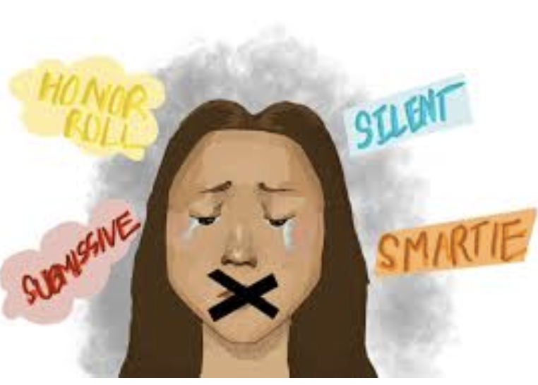 Drawing of a woman with tears on her face and a black tape over her mouth, surrounded by words in colorful speech bubbles: 'Honorable,' 'Silent,' 'Submissive,' and 'Smartie'.