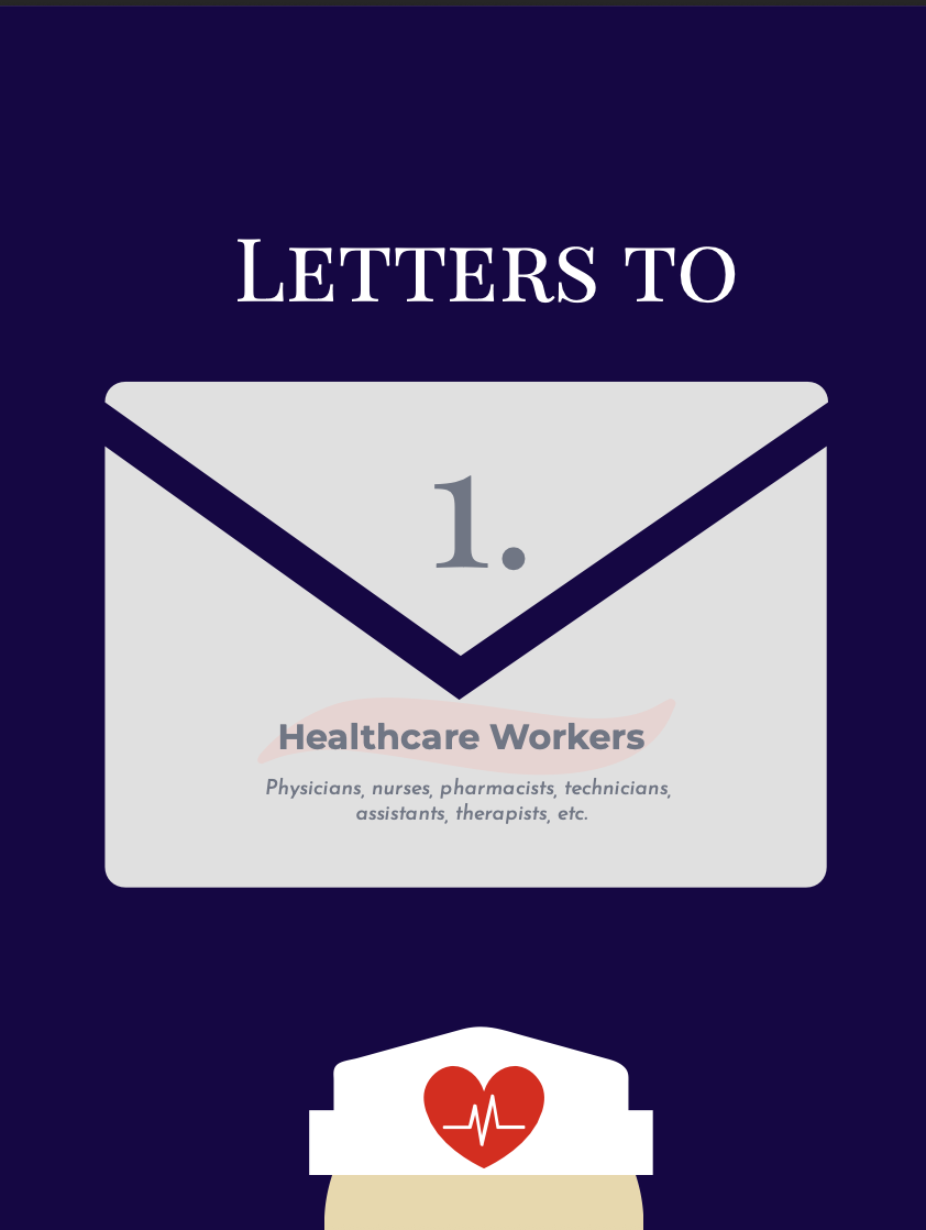 A graphic with a dark blue background featuring a large envelope icon labeled 'Letters to 1.' with 'Healthcare Workers' and related professional titles written below. At the bottom, there is a red heart with a white heartbeat line inside it.