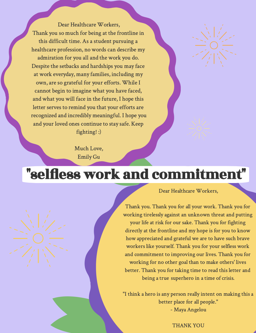 Two thank you letters for healthcare workers, decorated with purple and yellow flowers and sunburst illustrations on a lavender background.