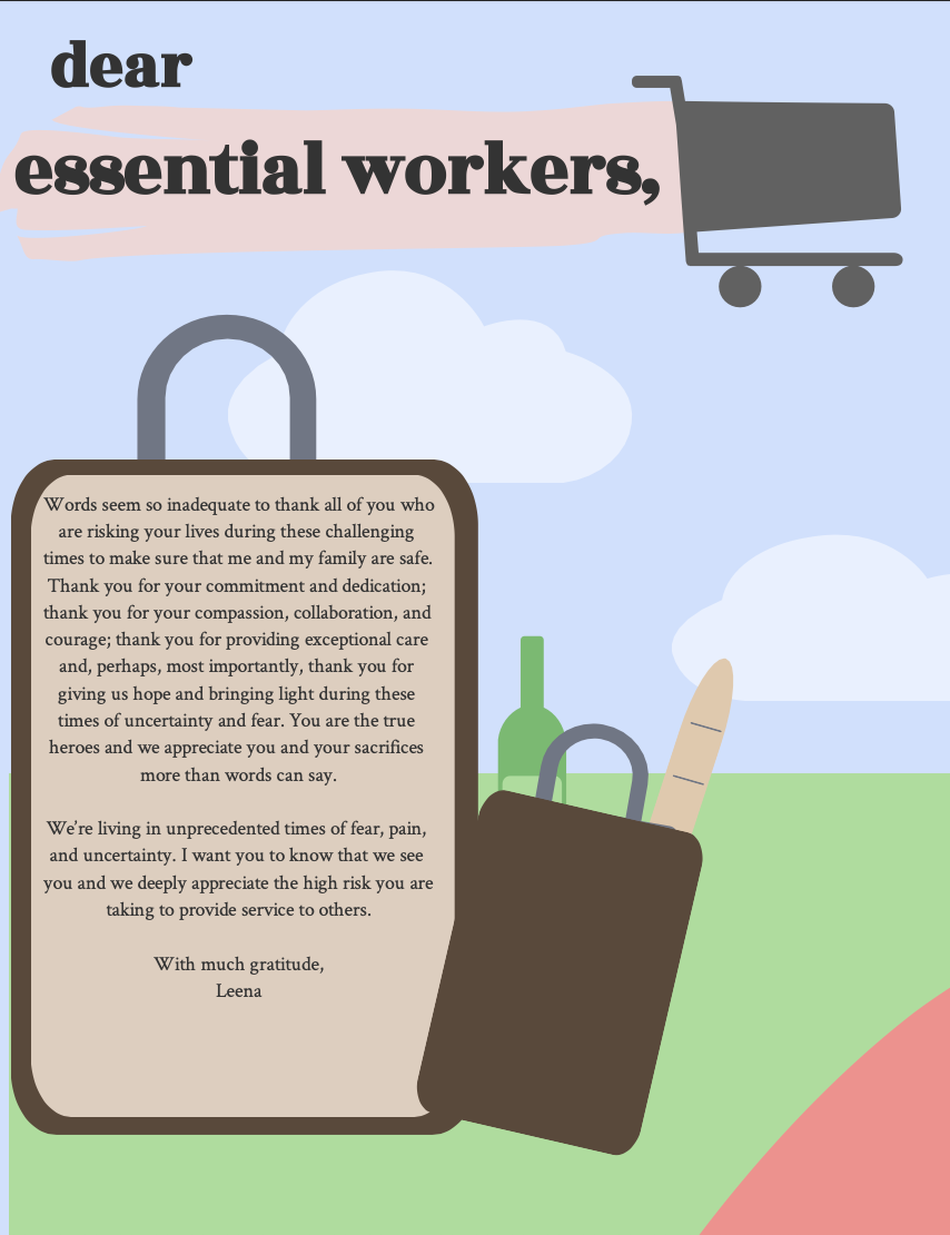 An illustration thanking essential workers with a note from Leena, a porta-potty, a shopping cart with a bottle and a baguette, and a background of blue sky with clouds and green grass.