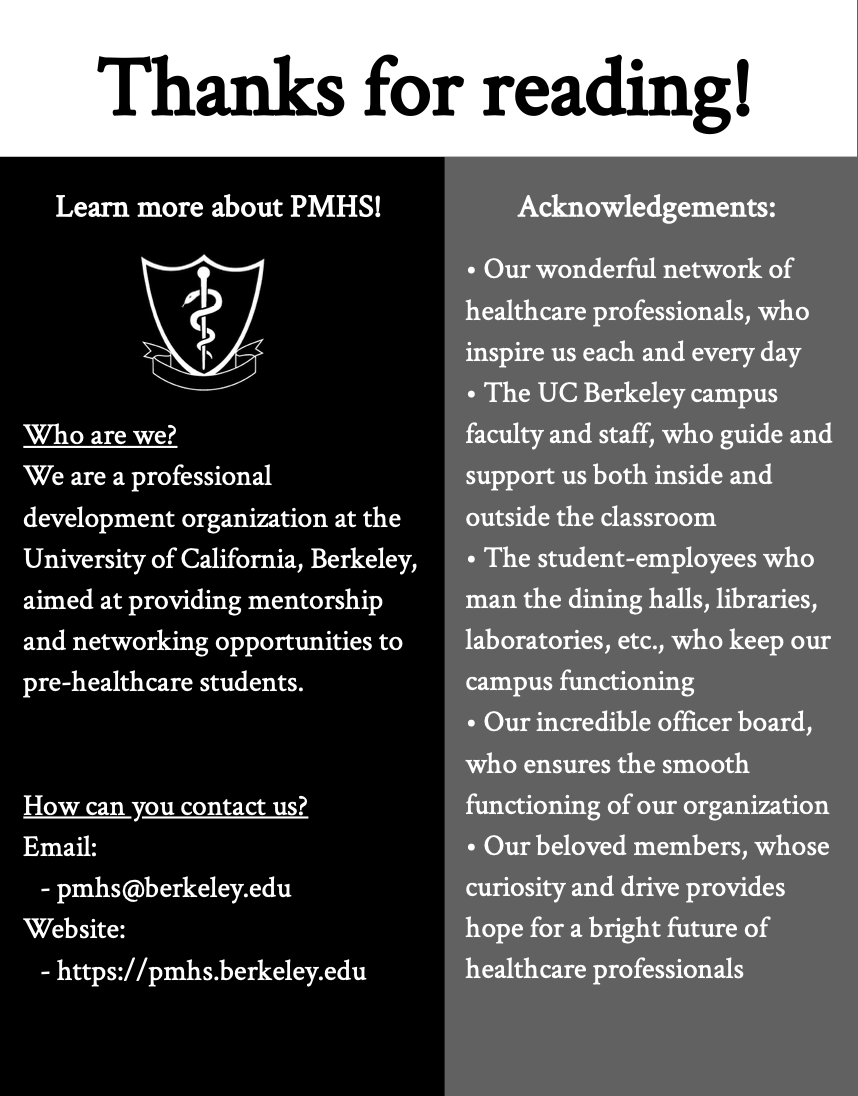 A thank you message from the University of California Berkeley's professional development organization for pre-health students. It includes sections about learning more, who they are, contact information, and acknowledgements, with a logo of a medica