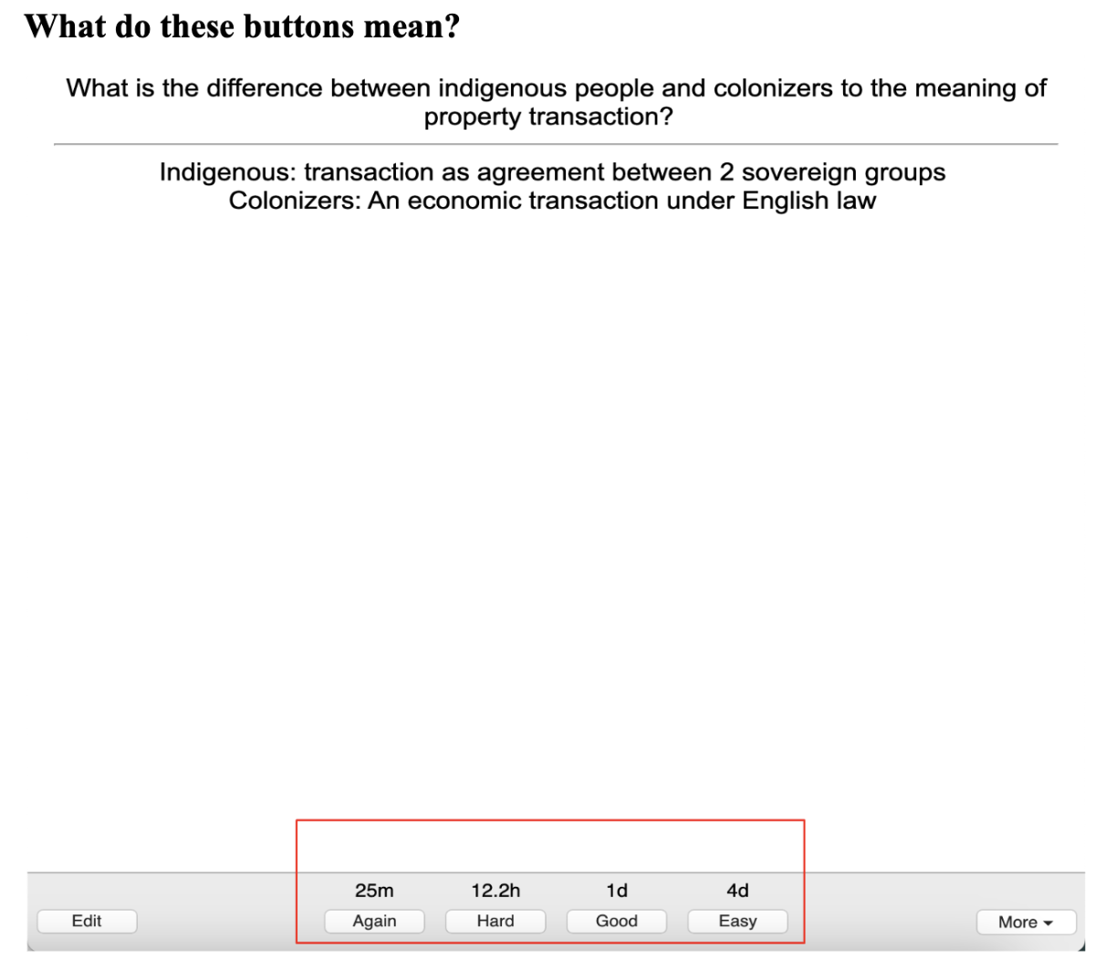 Flashcard comparing the meanings of the buttons '25m', '12.2h', '1d', '4d' with options labeled 'Again', 'Hard', 'Good', 'Easy' for learning or review purposes.