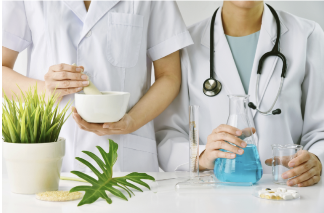 Medical professionals conducting a scientific experiment with plants and liquids in a laboratory.