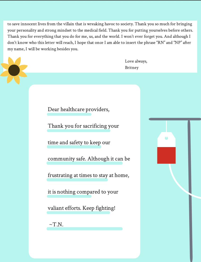A heartfelt letter on a light blue background with a sunflower illustration, addressed to healthcare providers, thanking them for their efforts during challenging times, with an IV bag and medical stand on the right side.