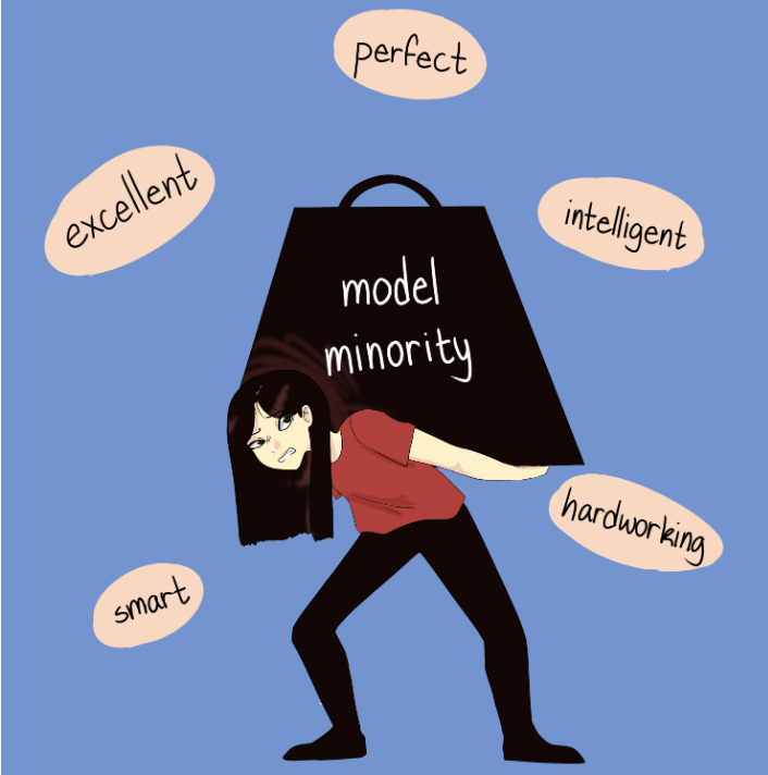 Illustration of a person carrying a large black shopping bag labeled 'model minority,' surrounded by words such as 'excellent,' 'perfect,' 'intelligent,' 'hardworking,' 'smart,' and 'good.'