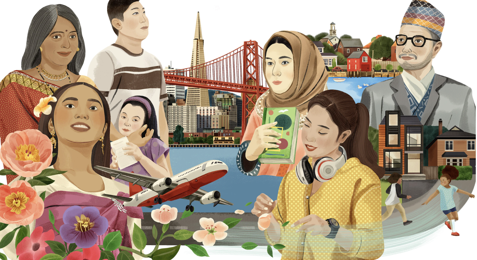 A diverse group of people from different cultures and backgrounds with San Francisco landmarks like the Golden Gate Bridge in the background, along with scenes of everyday life, travel, and nature.