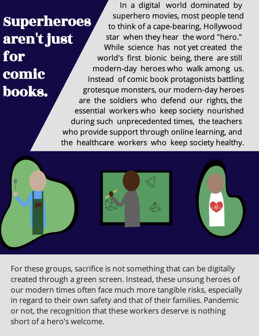 Infographic highlighting that superheroes are not just for comic books, emphasizing modern-day heroes like soldiers, essential workers, teachers, and healthcare workers who protect society and keep it healthy.