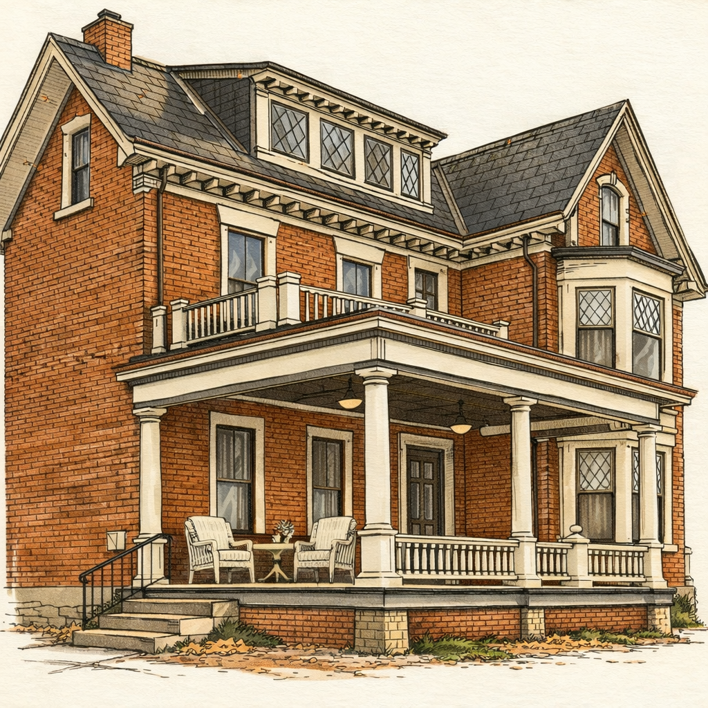 Illustration of a large three-story brick house with a spacious front porch, white columns, and outdoor seating, featuring decorative window panes and a steeply pitched roof.