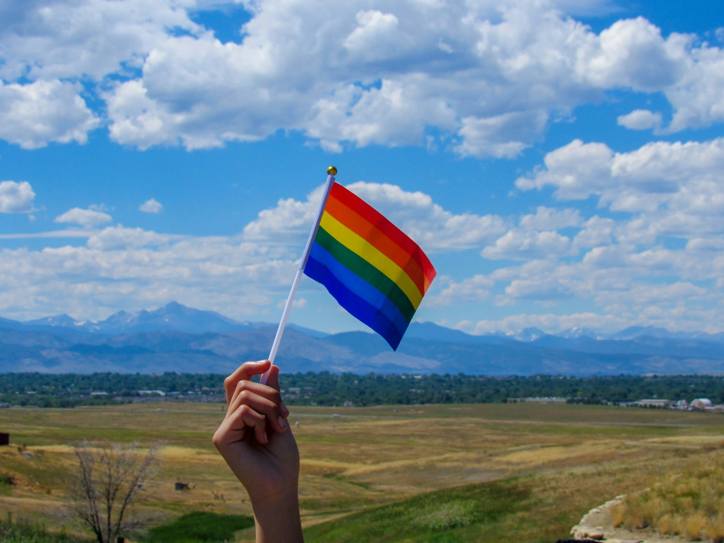 A hand holding a rainbow pride flag against a landscape with mountains, fields, and a partly cloudy sky.