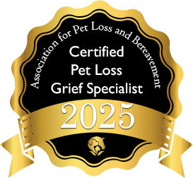 A badge-shaped emblem with black and gold colors, stating 'Certified Pet Loss Grief Specialist, 2025' by the Association for Pet Loss and Bereavement.