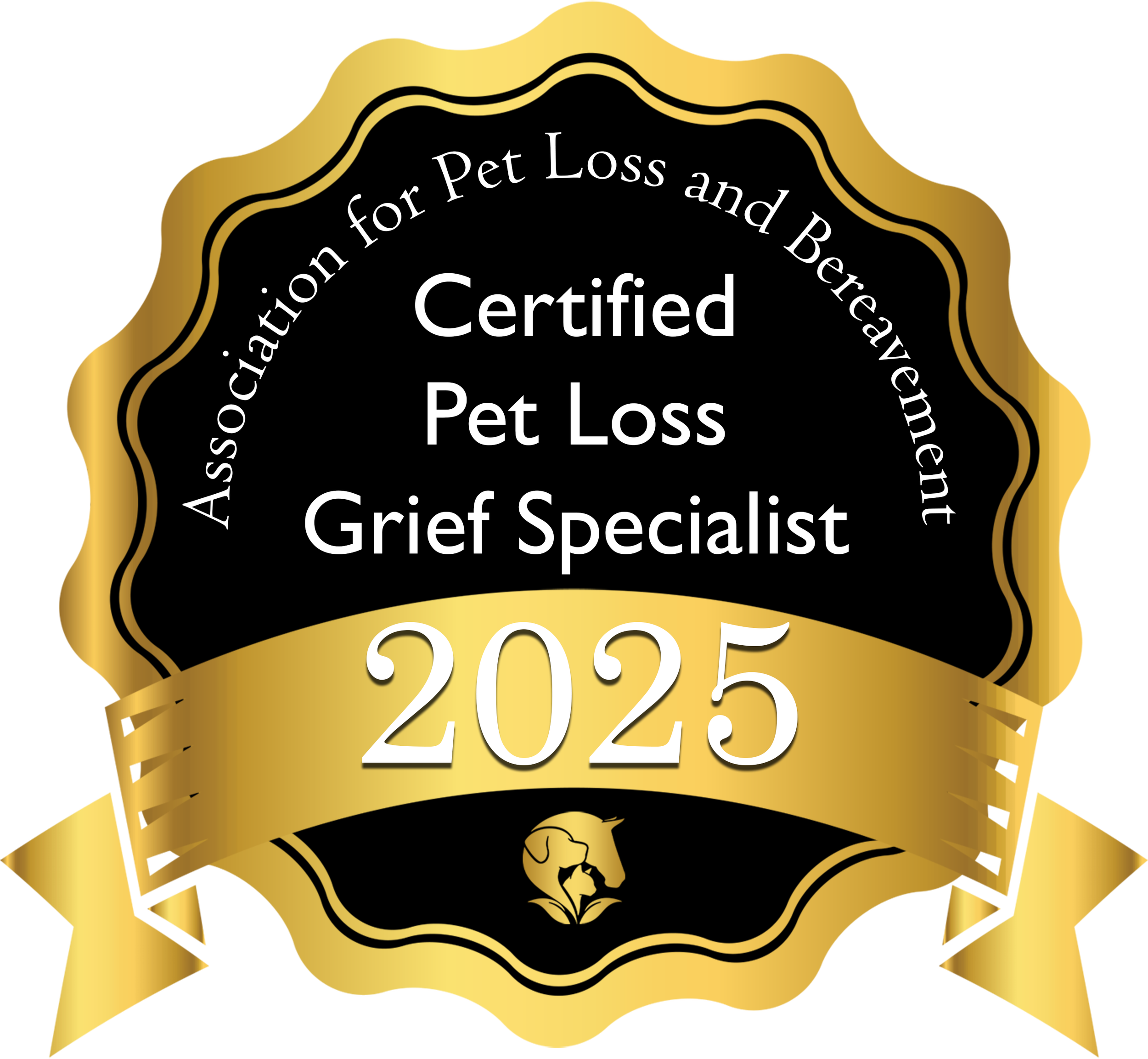Gold and black badge with white text reading 'Certified Pet Loss Grief Specialist, 2023'