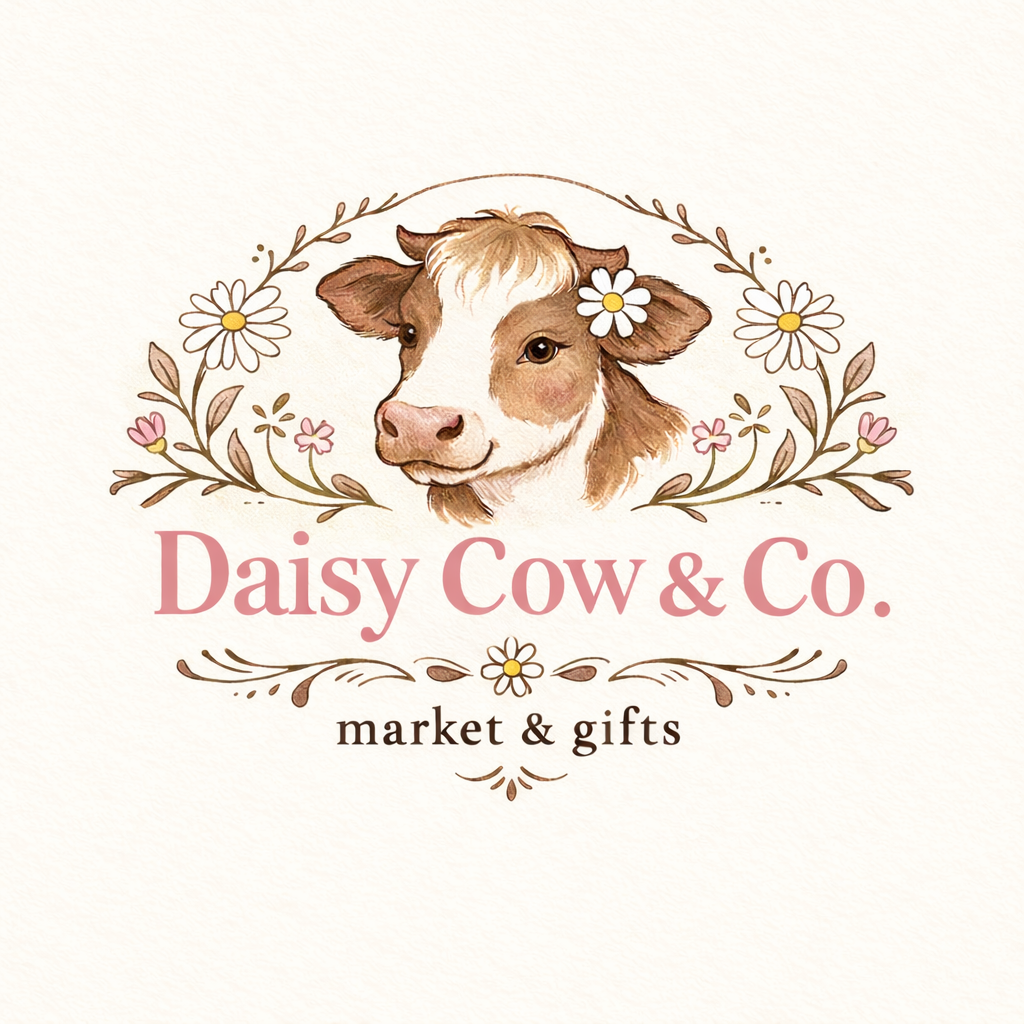 A logo for Daisy Cow & Co. featuring a cartoon cow's head with a daisy flower on its ear, surrounded by illustrated flowers and leaves, with pink and brown text that reads 'Daisy Cow & Co. market & gifts'.