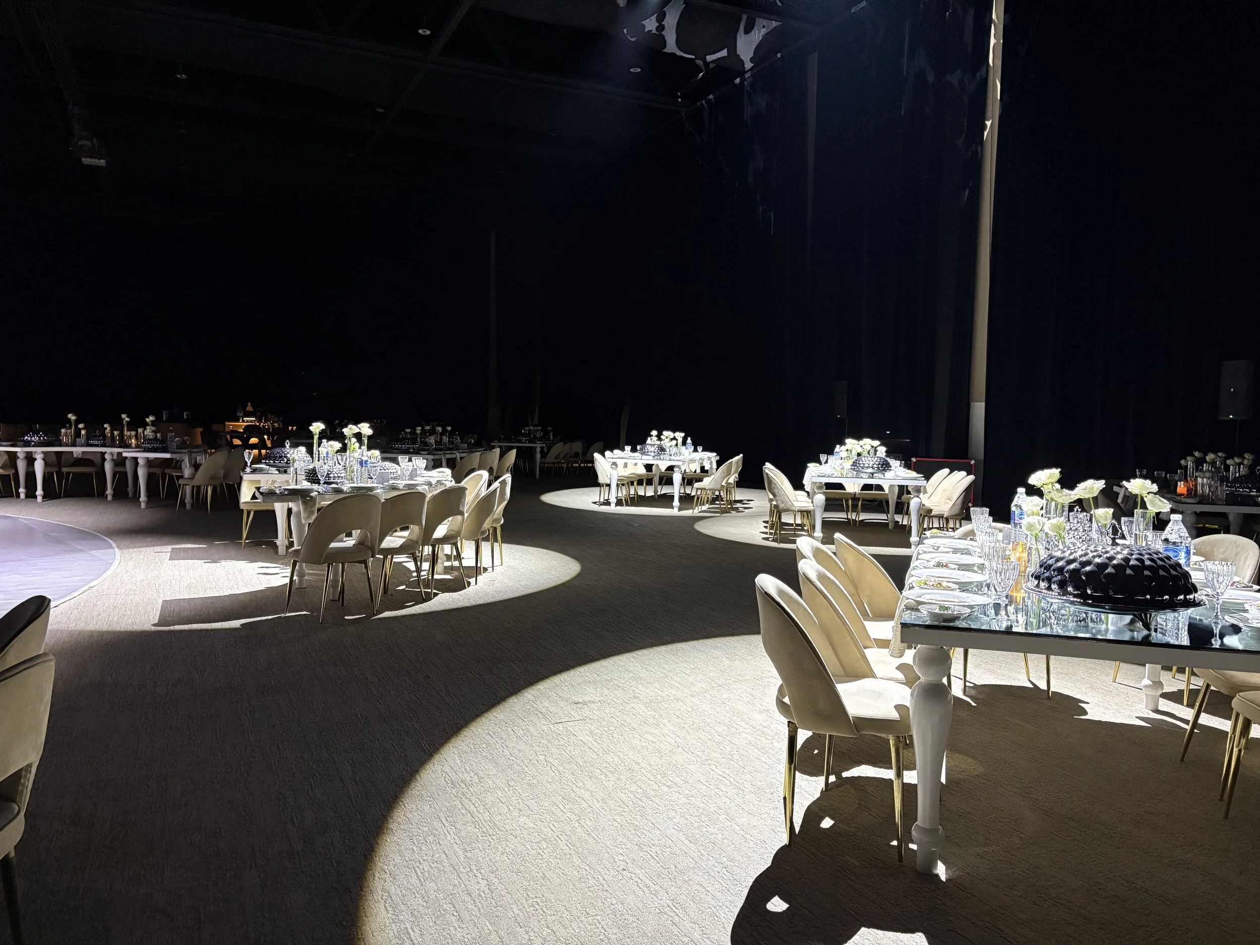 Luxury wedding lighting design with uplights, spotlights, and decorative fixtures in Dubai and Abu Dhabi