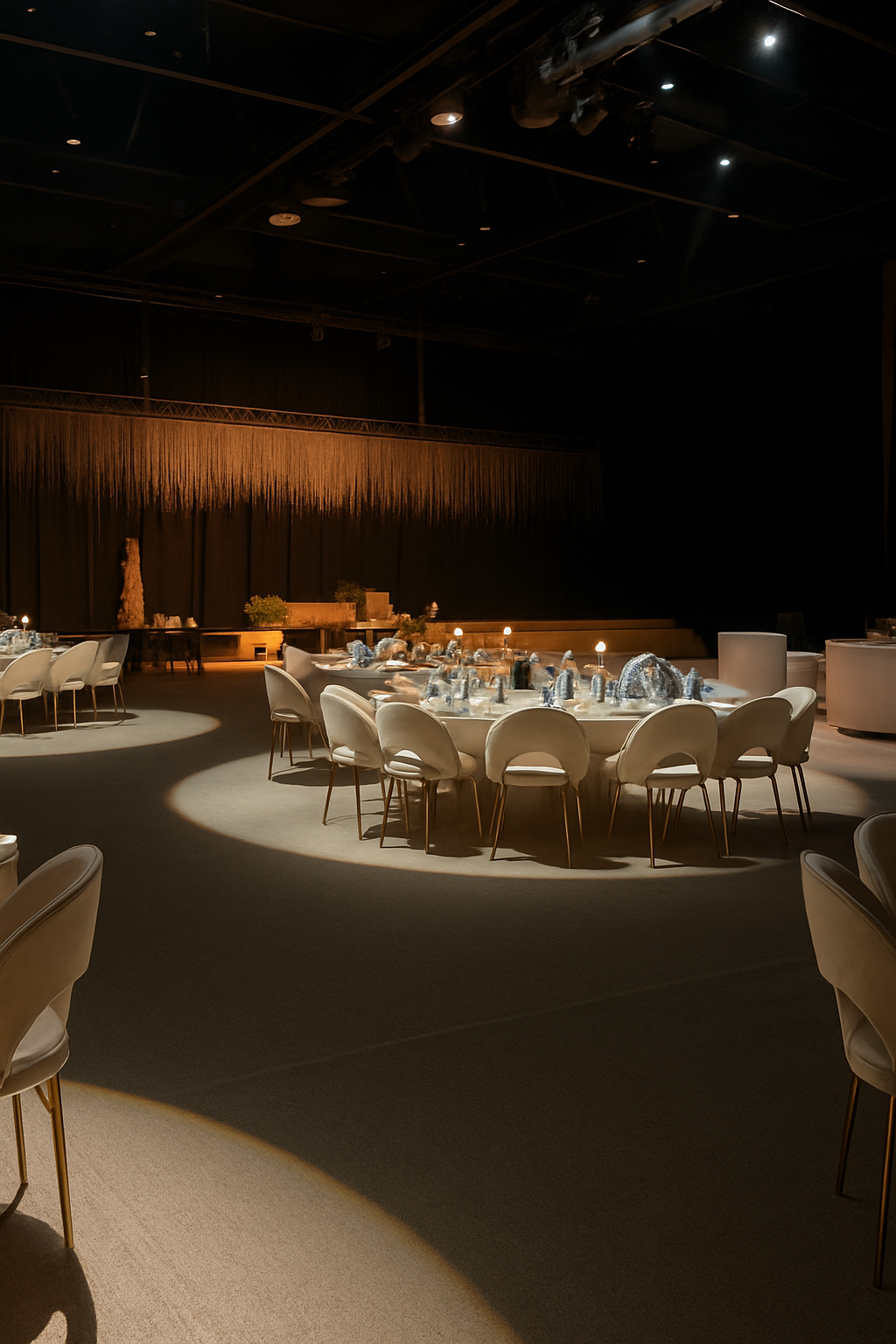 Empty banquet hall with round tables draped in white cloths, set for an event, with chairs around them and soft spotlighting highlighting the tables. The background features a stage with dark curtains and subtle decorations.