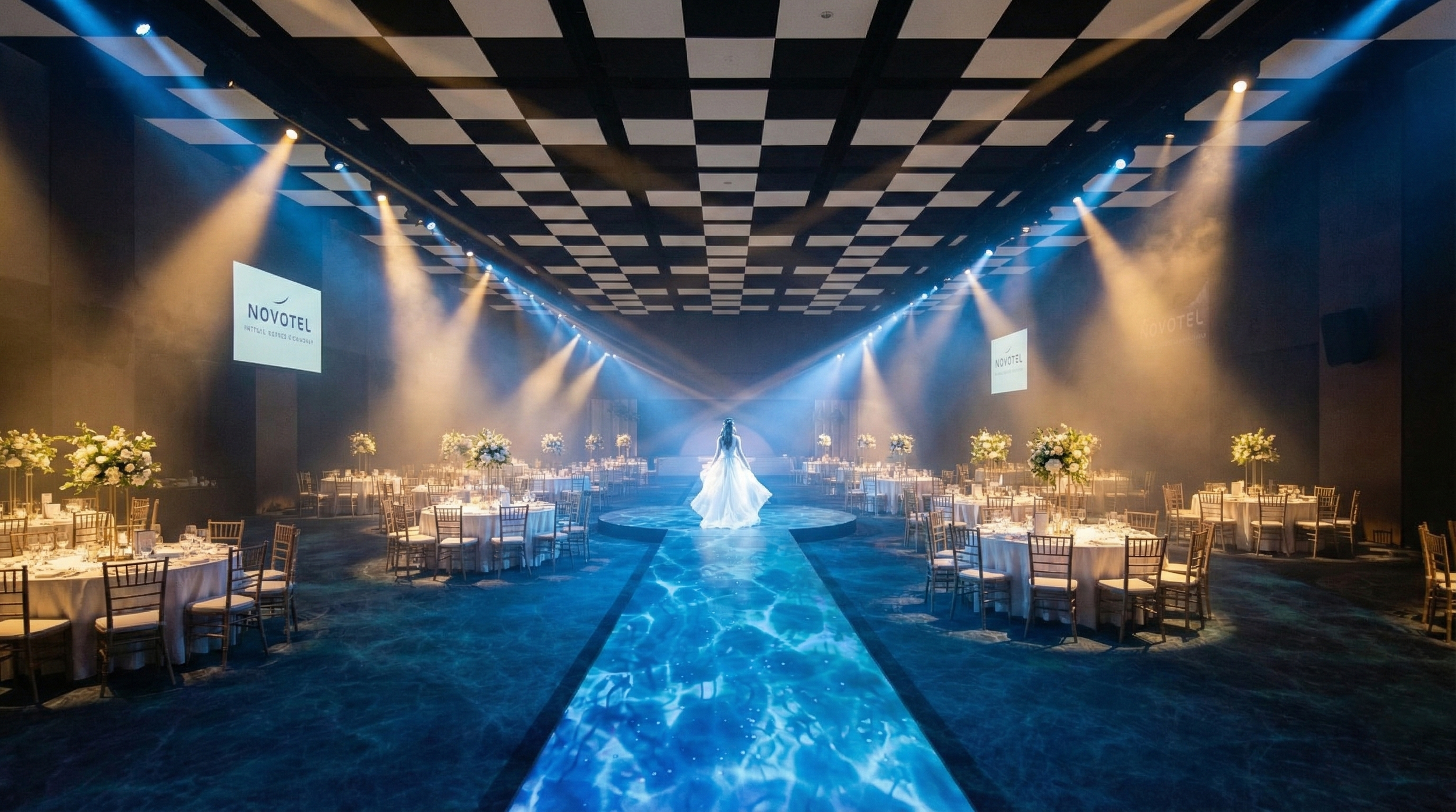 Advanced 3D architectural lighting by EchoLight blending traditional Emirati design with a luminous curved dance floor and gold ceiling accents to transform corporate and wedding venues.