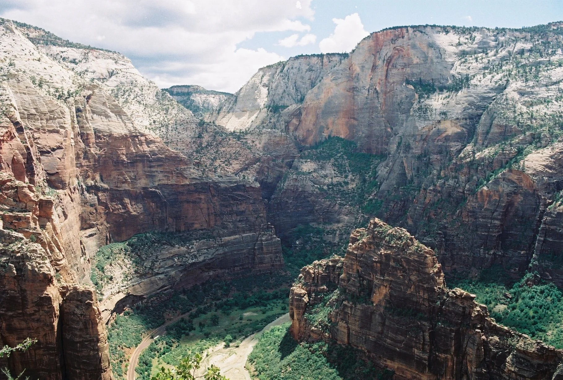 A view of Zion Canyon with towering red and white sandstone cliffs, green vegetation at the bottom, and a curly road.