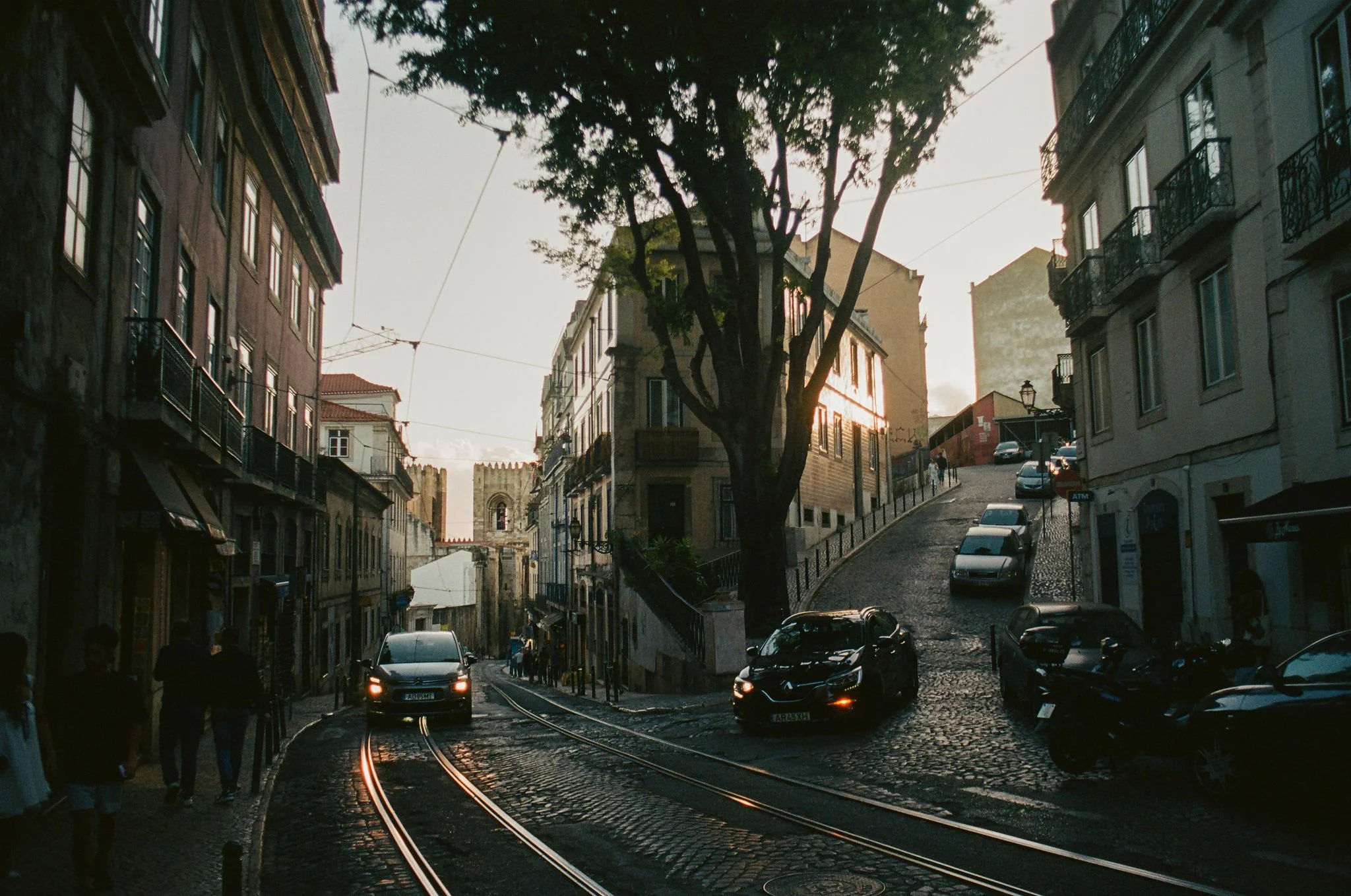 A city street with tram tracks, parked cars, and buildings on a slope, with people walking along the sidewalk and a large tree in the center.