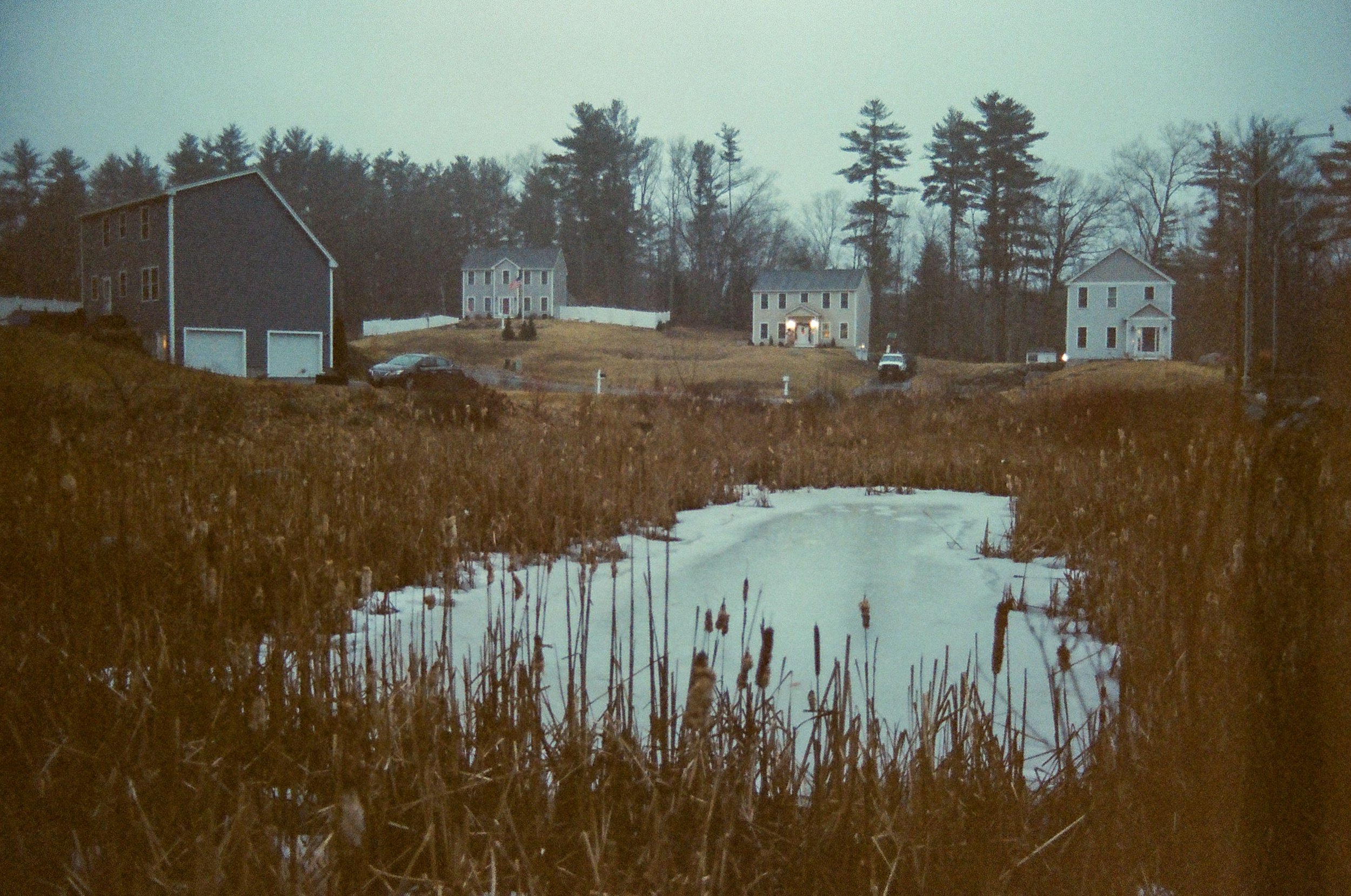 A small frozen pond surrounded by tall, dry grass and multiple houses on a hill, with trees in the background on a cloudy day.
