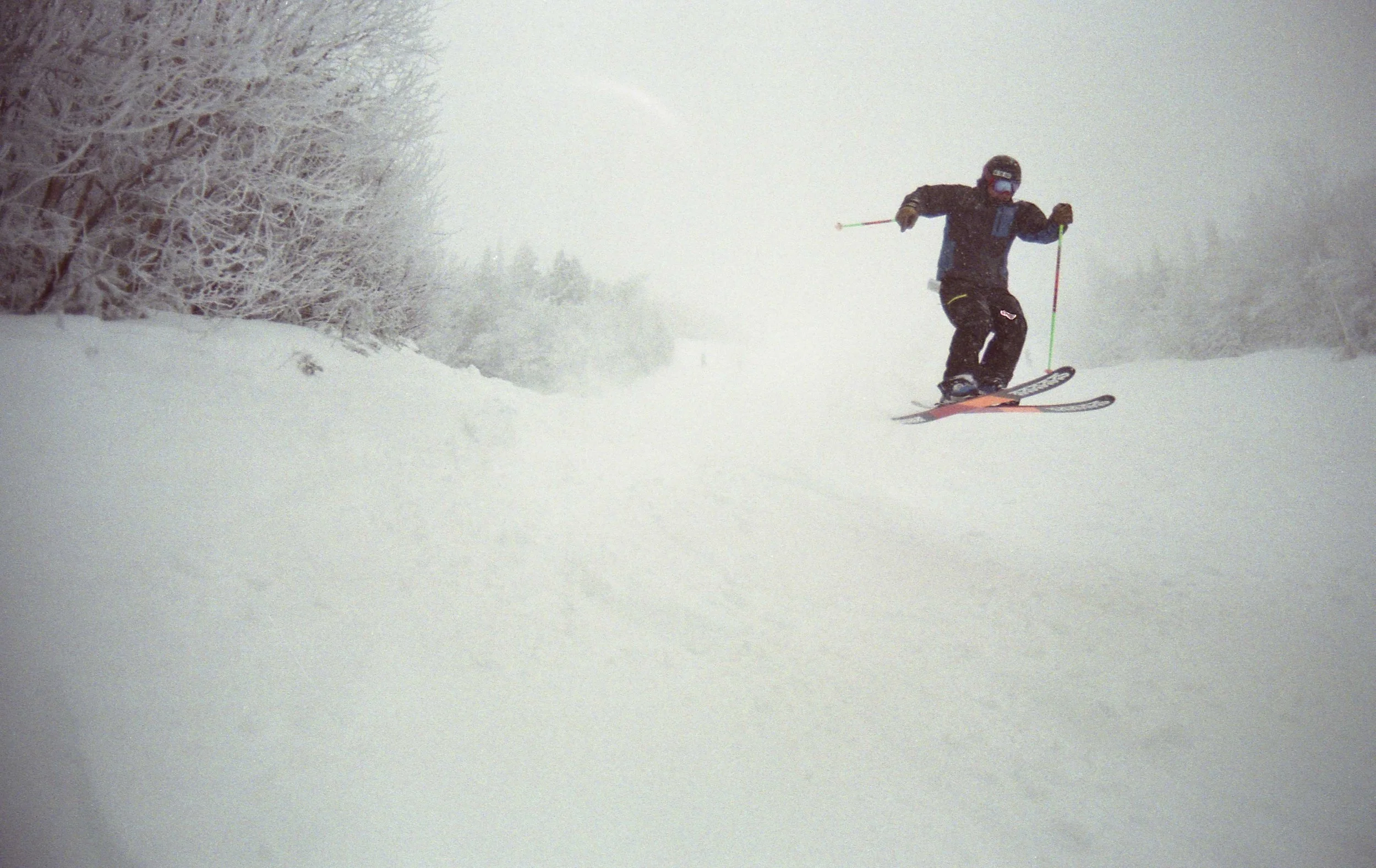Person skiing down a snowy slope during a snowstorm with snow-covered trees on the side.