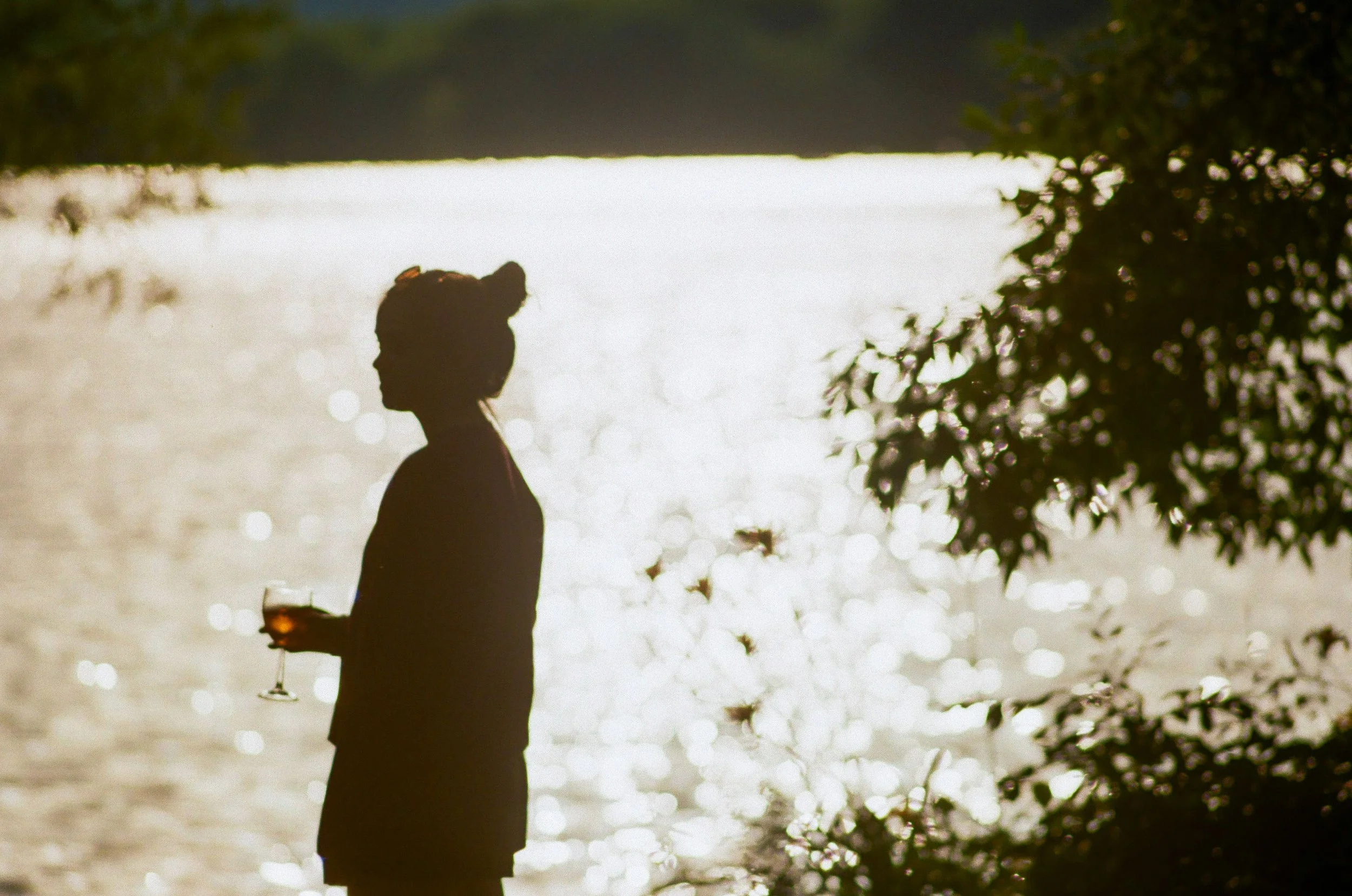 Silhouette of a woman by the water holding a glass of wine during sunset.