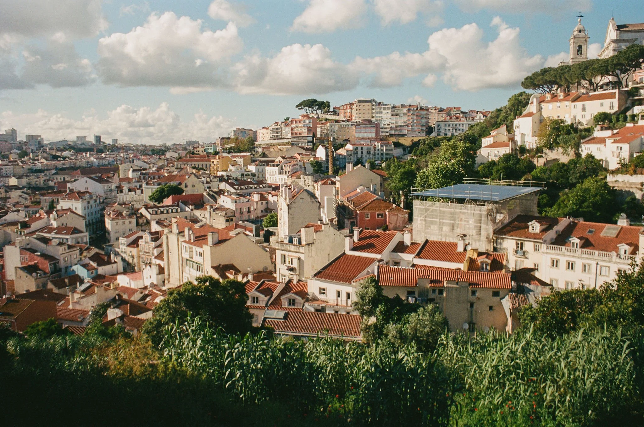 View of a city with tightly packed buildings and red-tiled roofs on a hillside, with trees and green foliage in the foreground and a partly cloudy sky overhead.