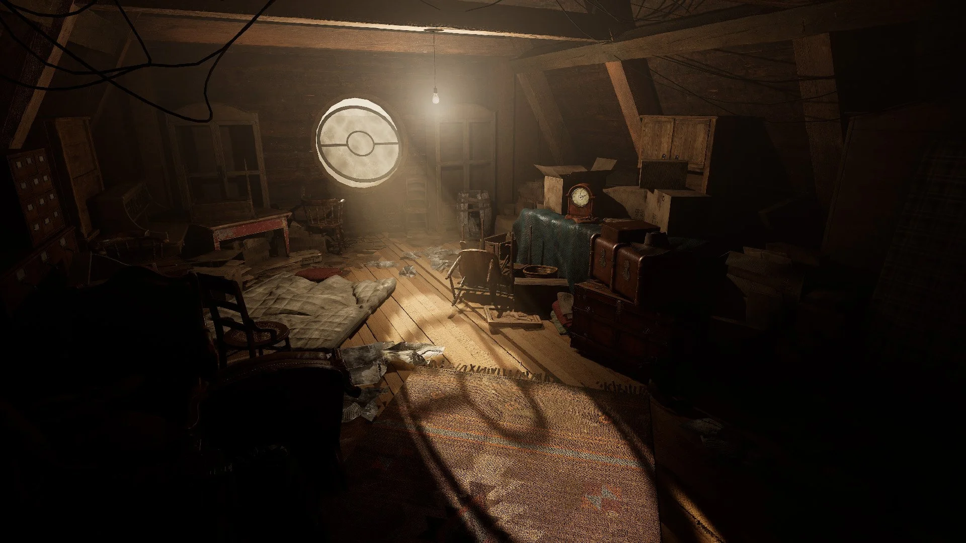 An attic room with worn wooden floors, cluttered with broken furniture, a mattress, and scattered papers. Sunlight filters through a round window, casting shadows across the dusty, disorganized space.