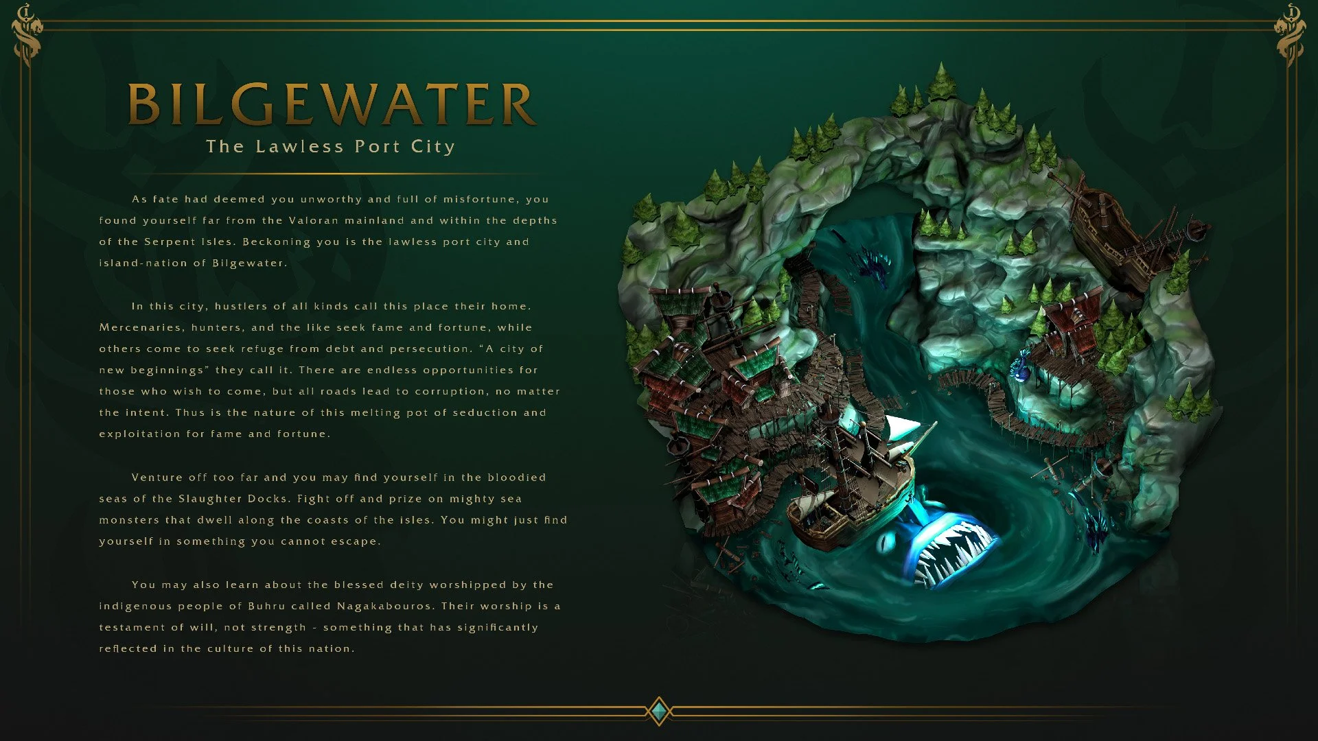 A detailed fantasy game map of Bilgewater, a port city surrounded by water and rocky terrain, with docks, buildings, ships, and a large creature beneath the water.