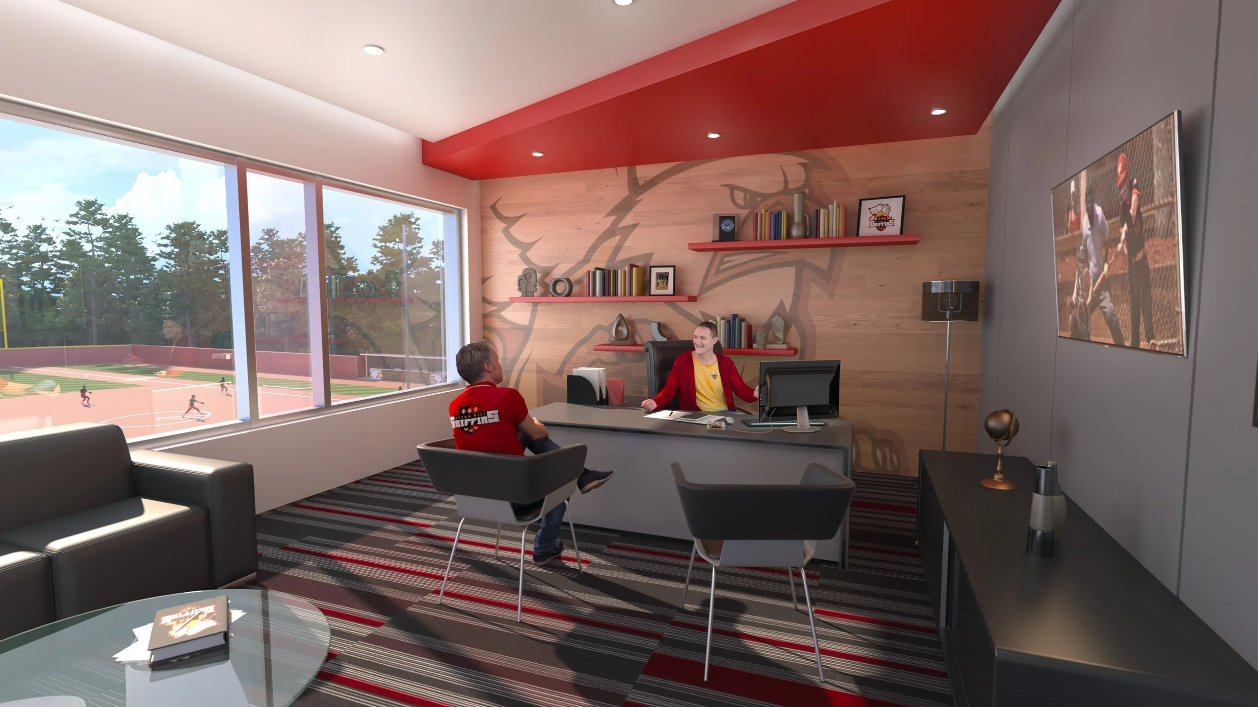 A sports agent office with a large window showing a baseball field outside. Inside, a man in a red blazer sits behind a desk, talking to a young man wearing a red shirt with a sports team logo. The office is decorated with shelves, books, and sports 