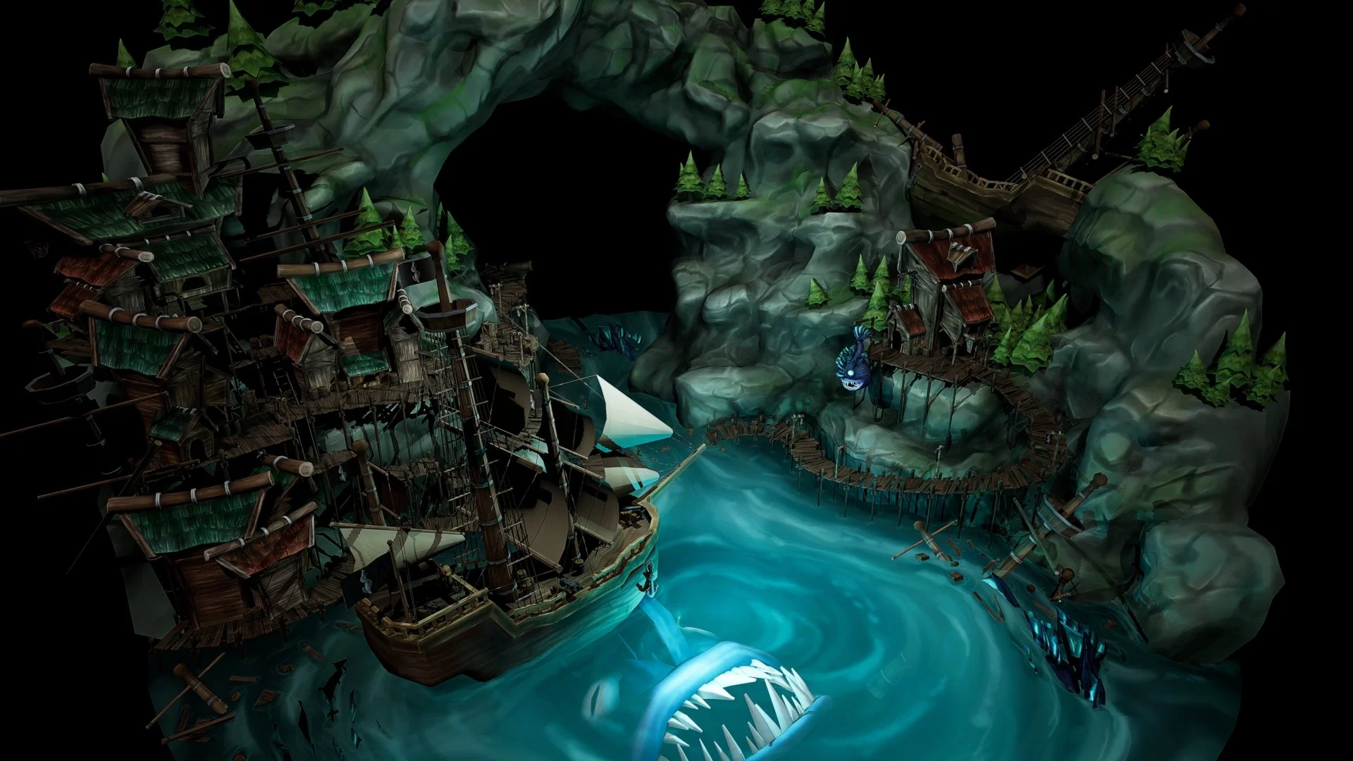 An animated scene of a pirate ship navigating through a dangerous passage with a giant fish with sharp teeth in the water. The scene includes a rocky mountain with a large dark cave, a wooden walkway, and a shipwreck on the cliffs surrounded by trees